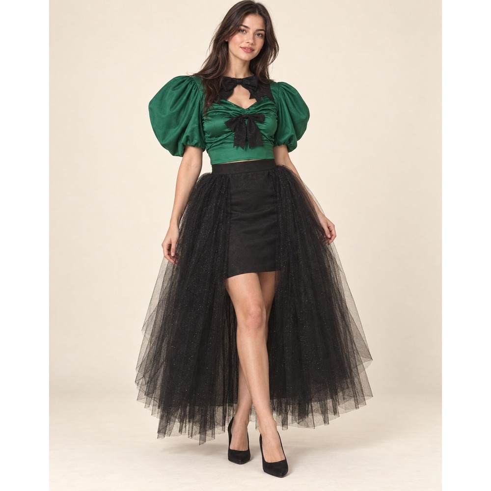 La' Ros Green Puff Sleeve Bow Crop Top & Black Sparkle Tulle Skirt Set M